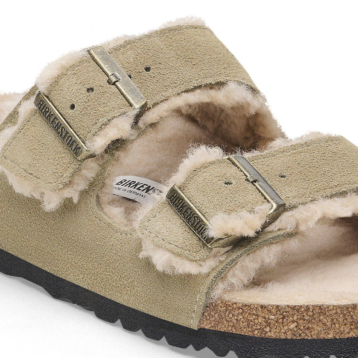 Ciabatta foderata Birkenstock Arizona Shearling in pelle scamosciata, colore Tortora, dettaglio