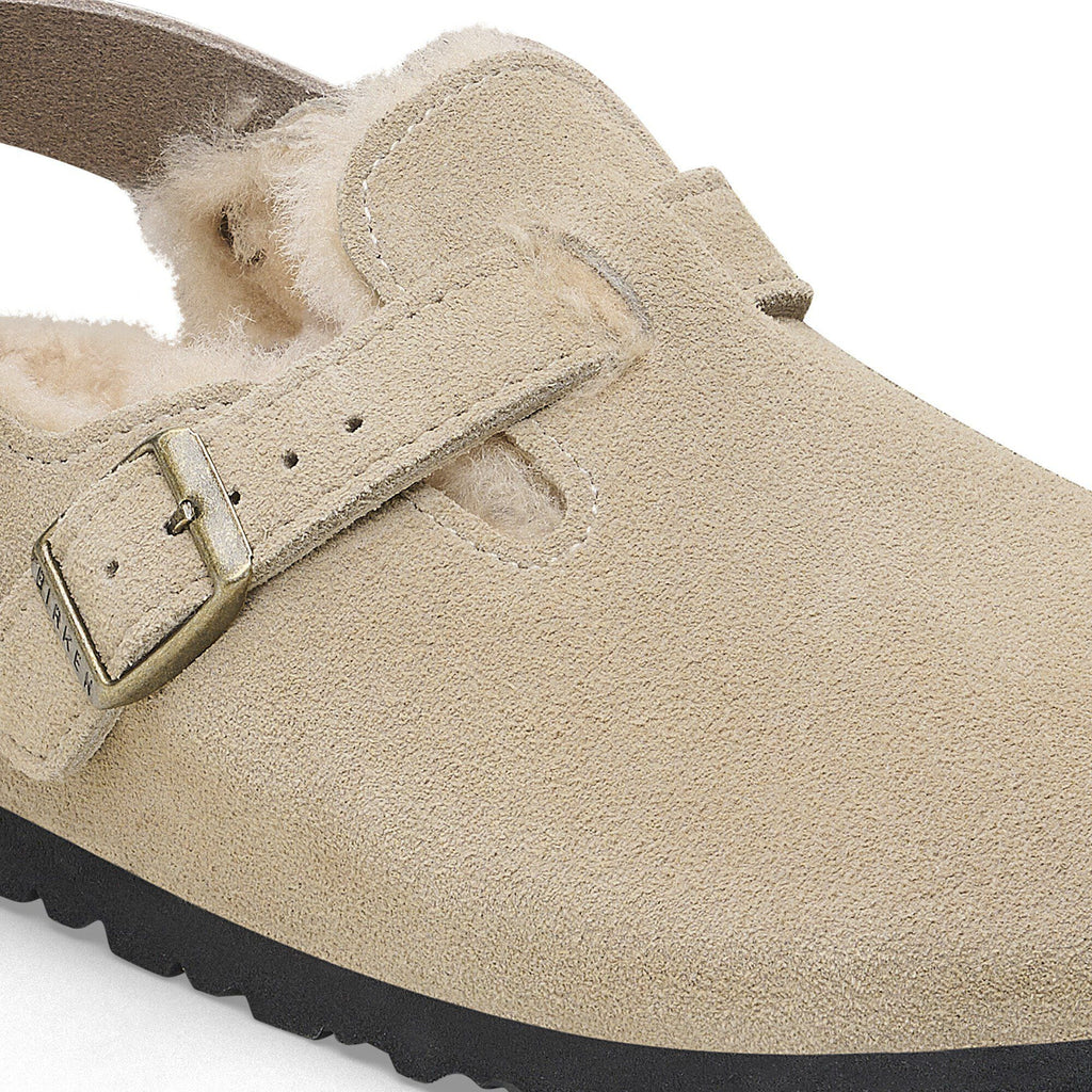 Zoccolo Birkenstock Tokio Shearling con cinturino al tallone, colore Tortora, dettaglio