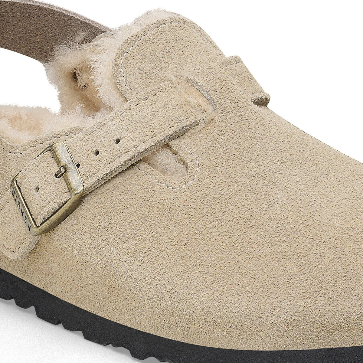 Zoccolo Birkenstock Tokio Shearling con cinturino al tallone, colore Tortora, dettaglio