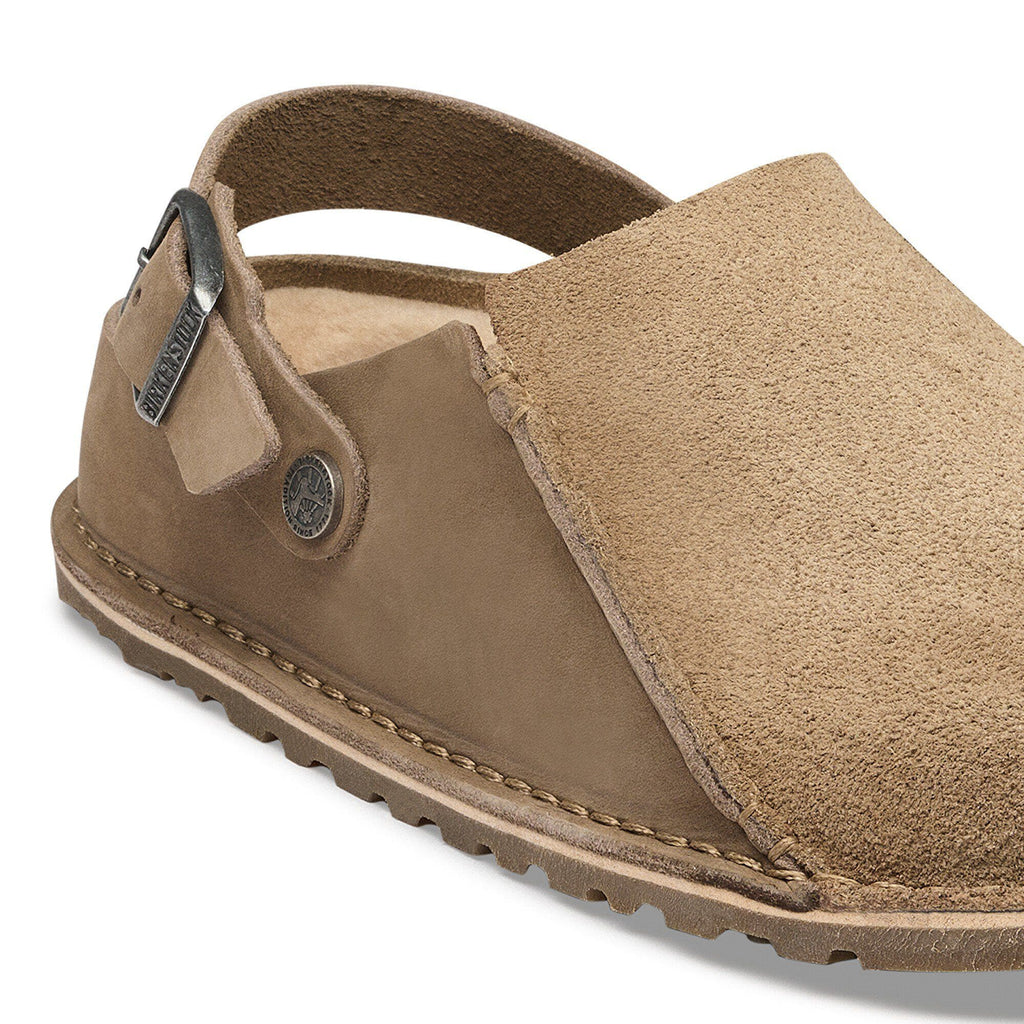 Pantofola in scamosciato e nabuk Birkenstock Lutry Premium Shearling, colore Tortora, dettaglio