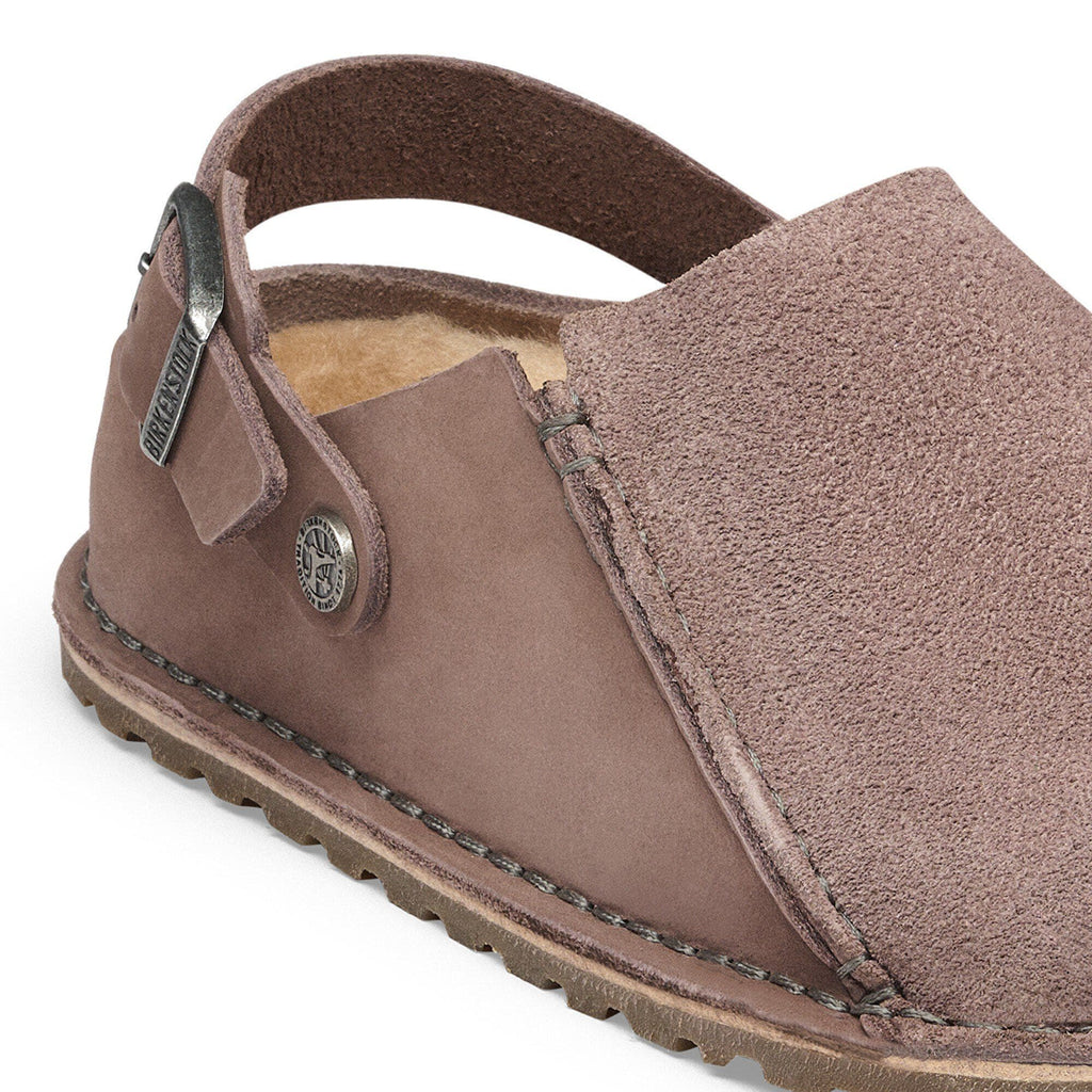Pantofola in scamosciato e nabuk Birkenstock Lutry Premium Shearling, colore Faded Purple, dettaglio