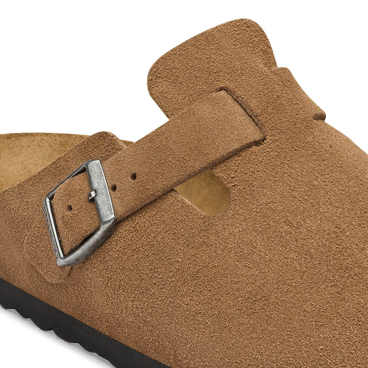 Zoccolo Birkenstock Boston Suede in pelle scamosciata, colore Dark Tea, dettaglio