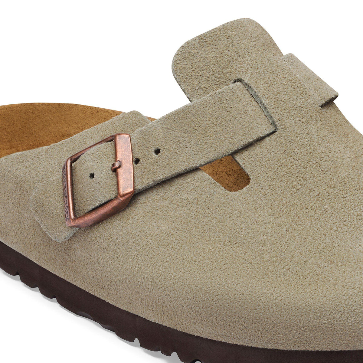 Zoccolo Birkenstock Boston Soft Footbed in pelle scamosciata, colore Tortora, dettaglio