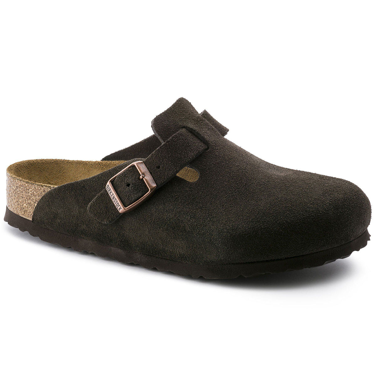 Zoccolo Birkenstock Boston Soft Footbed in pelle scamosciata, colore Moka, vista principale