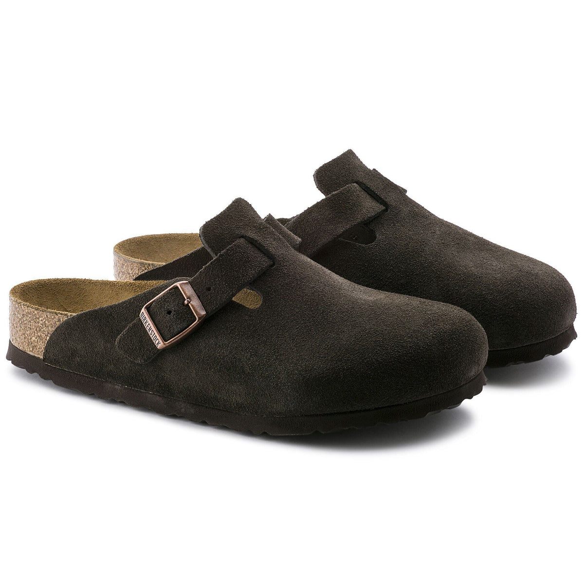 Zoccolo Birkenstock Boston Soft Footbed in pelle scamosciata, colore Moka, coppia