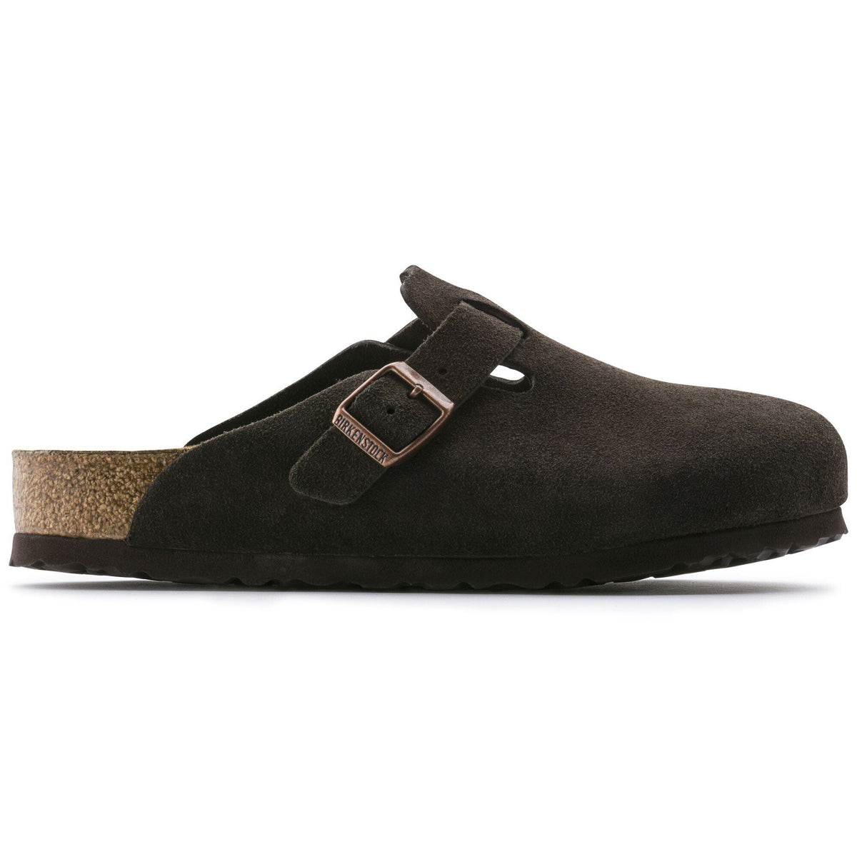 Zoccolo Birkenstock Boston Soft Footbed in pelle scamosciata, colore Moka, vista laterale