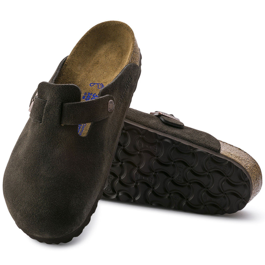 Zoccolo Birkenstock Boston Soft Footbed in pelle scamosciata, colore Moka, suola