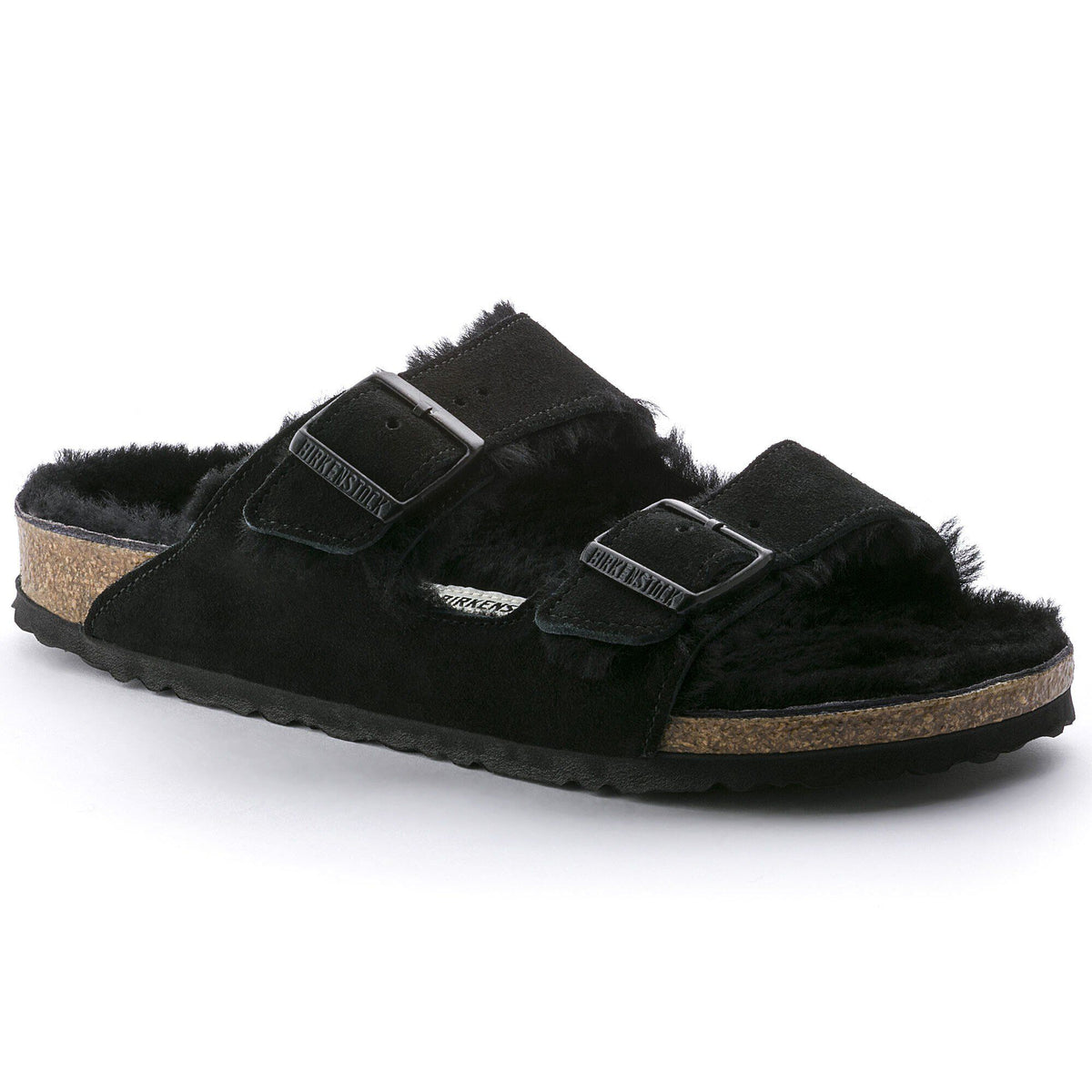 Ciabatta foderata Birkenstock Arizona Shearling in pelle scamosciata, colore Nero, vista principale