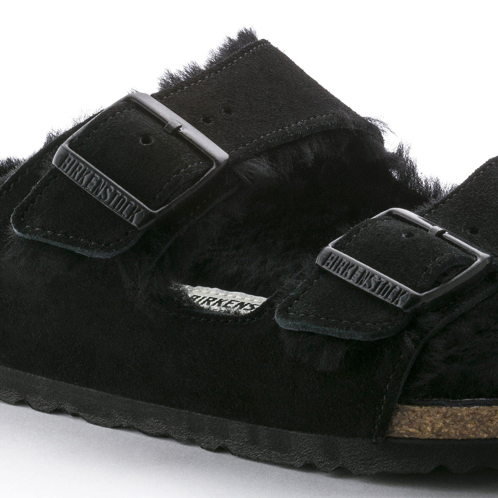 Ciabatta foderata Birkenstock Arizona Shearling in pelle scamosciata, colore Nero, dettaglio