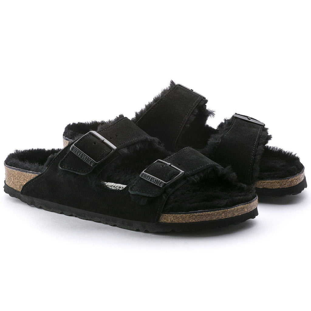 Ciabatta foderata Birkenstock Arizona Shearling in pelle scamosciata, colore Nero, coppia