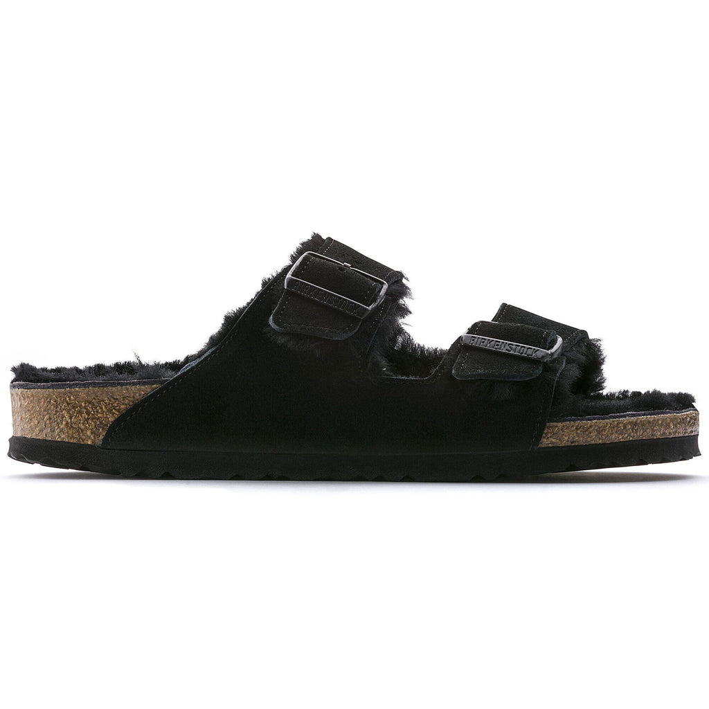 Ciabatta foderata Birkenstock Arizona Shearling in pelle scamosciata, colore Nero, vista laterale
