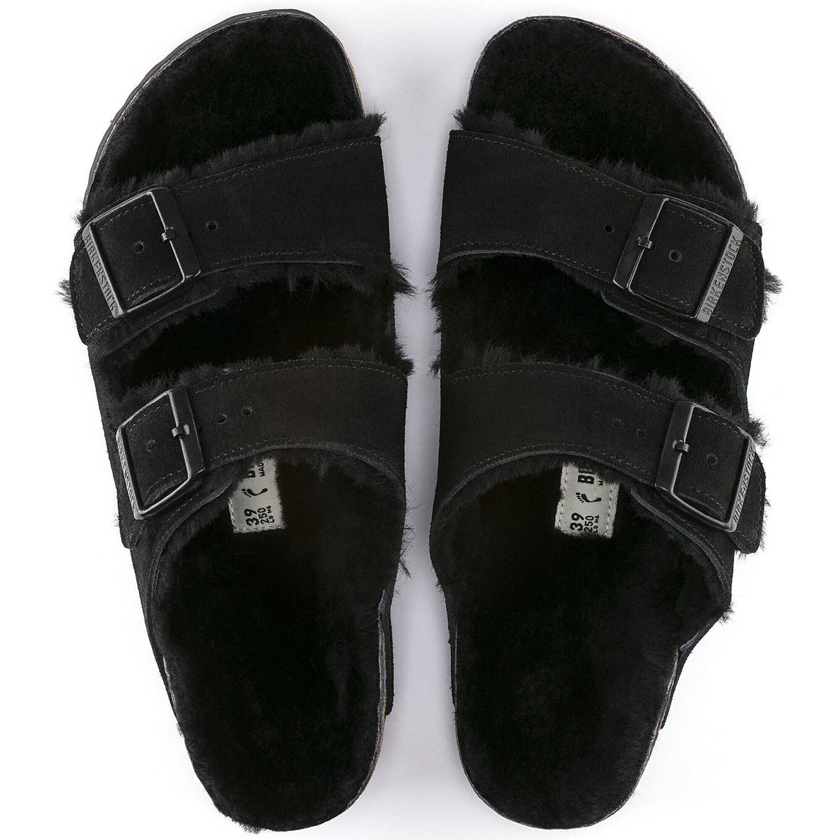 Ciabatta foderata Birkenstock Arizona Shearling in pelle scamosciata, colore Nero, vista dall'alto