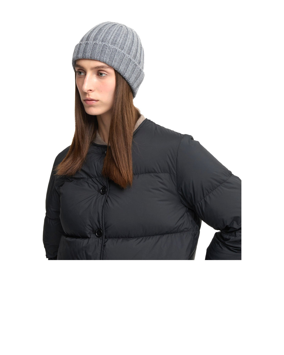 Aspesi berretto in lana merino a coste, colore grigio, immagine 3 di 4