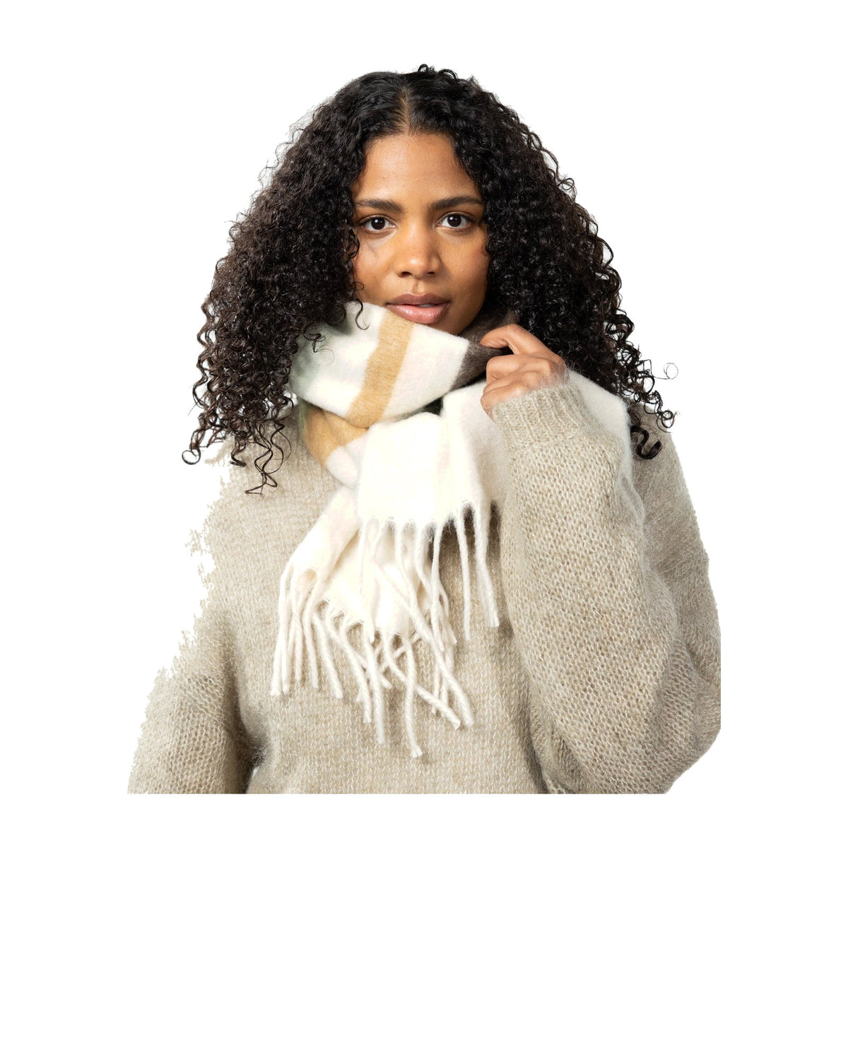 Barts Eluzabeth Scarf, sciarpa a righe con frange, marrone e crema, vista principale