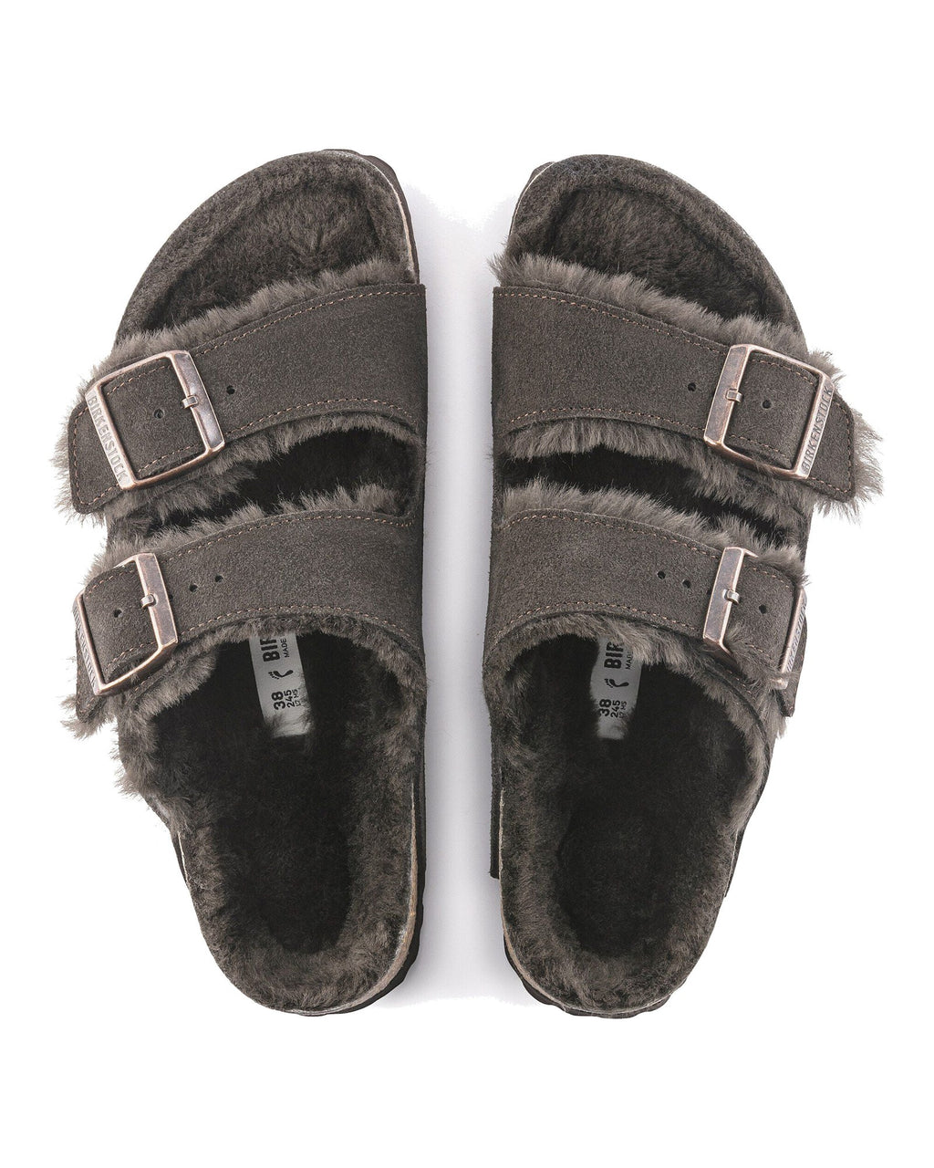 Ciabatta foderata Birkenstock Arizona Shearling in pelle scamosciata, colore Moka, vista dall'alto