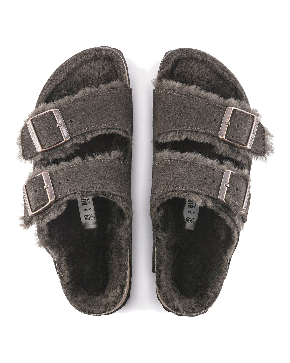 Ciabatta foderata Birkenstock Arizona Shearling in pelle scamosciata, colore Moka, vista dall'alto