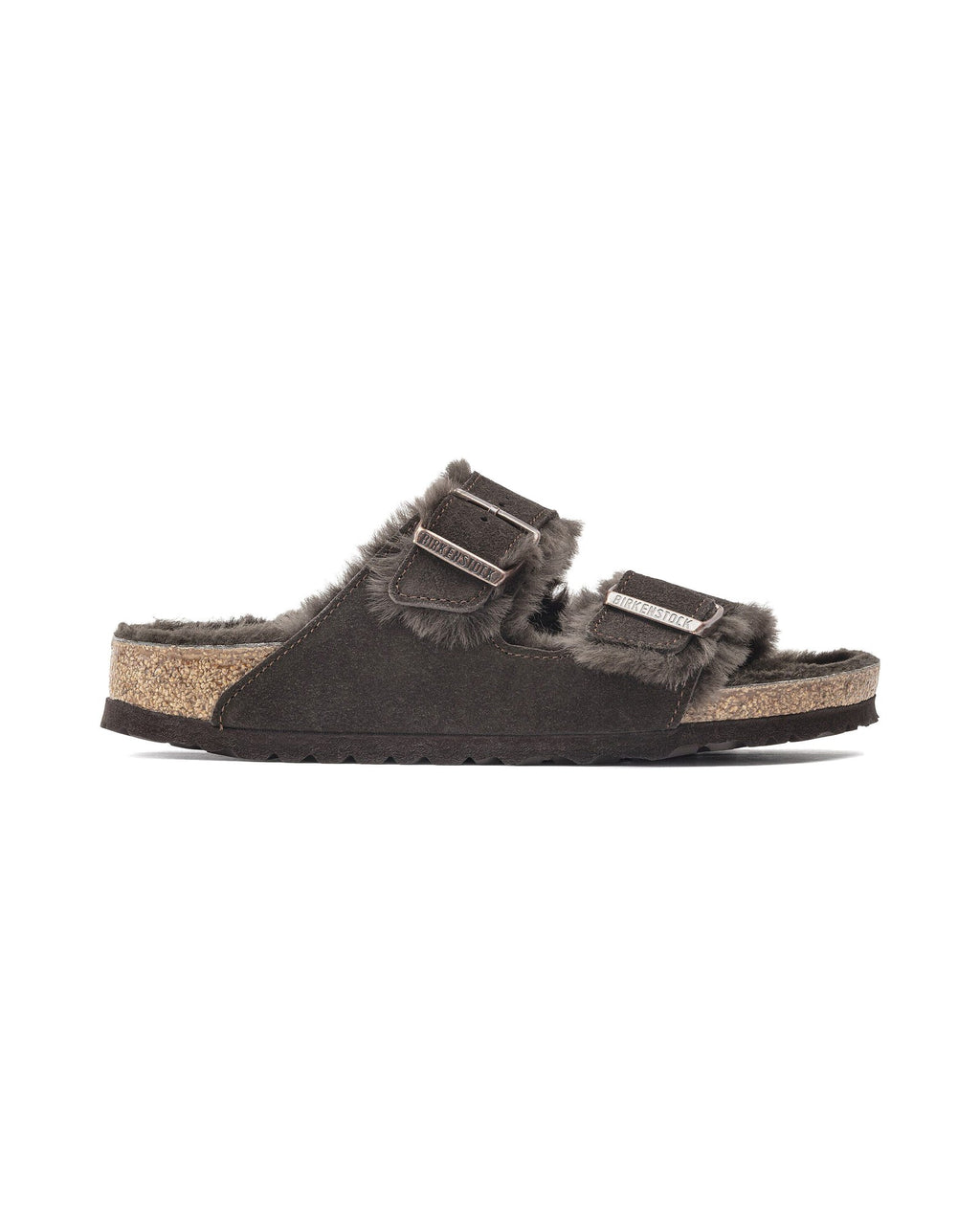 Ciabatta foderata Birkenstock Arizona Shearling in pelle scamosciata, colore Moka, vista laterale