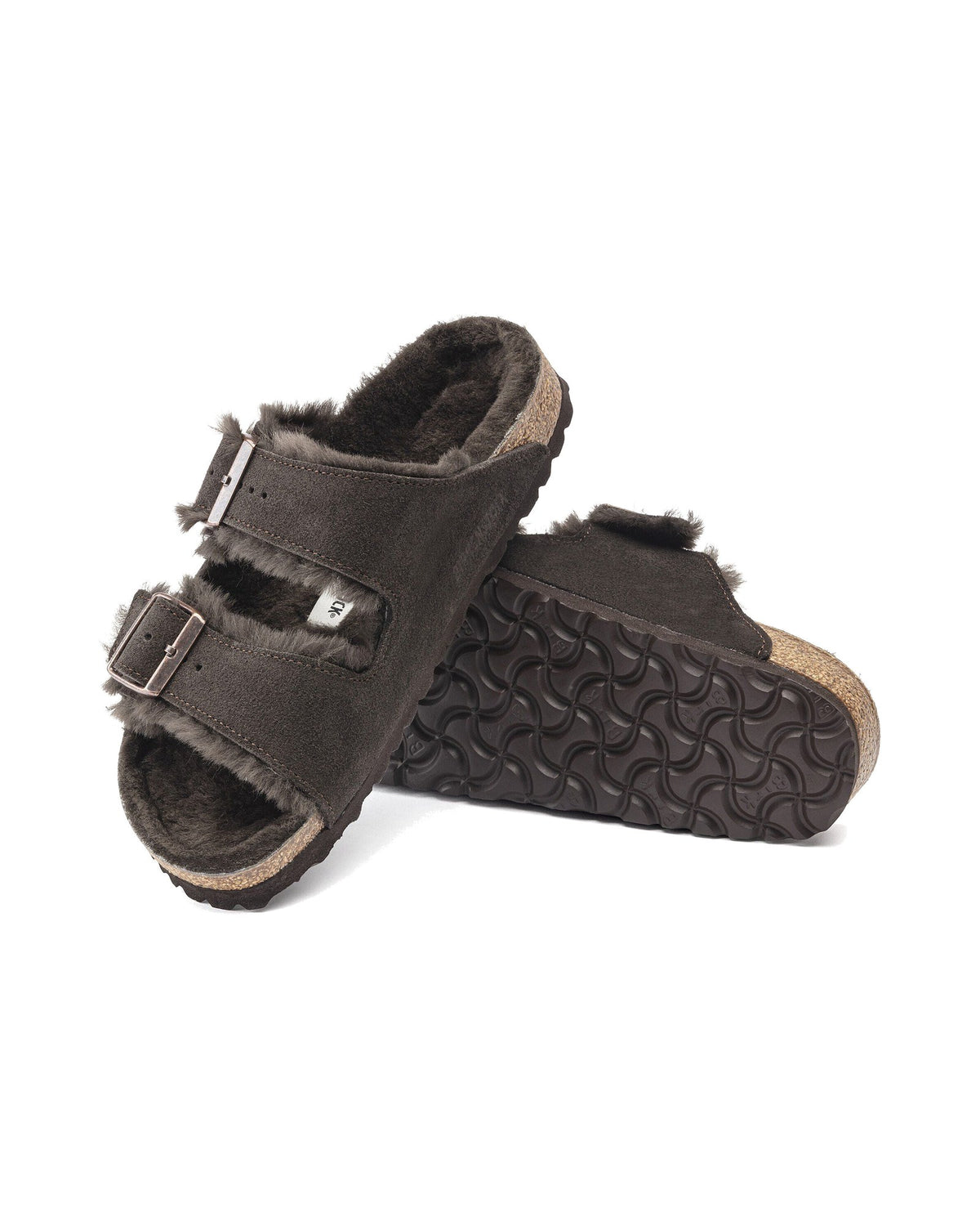 Ciabatta foderata Birkenstock Arizona Shearling in pelle scamosciata, colore Moka, suola