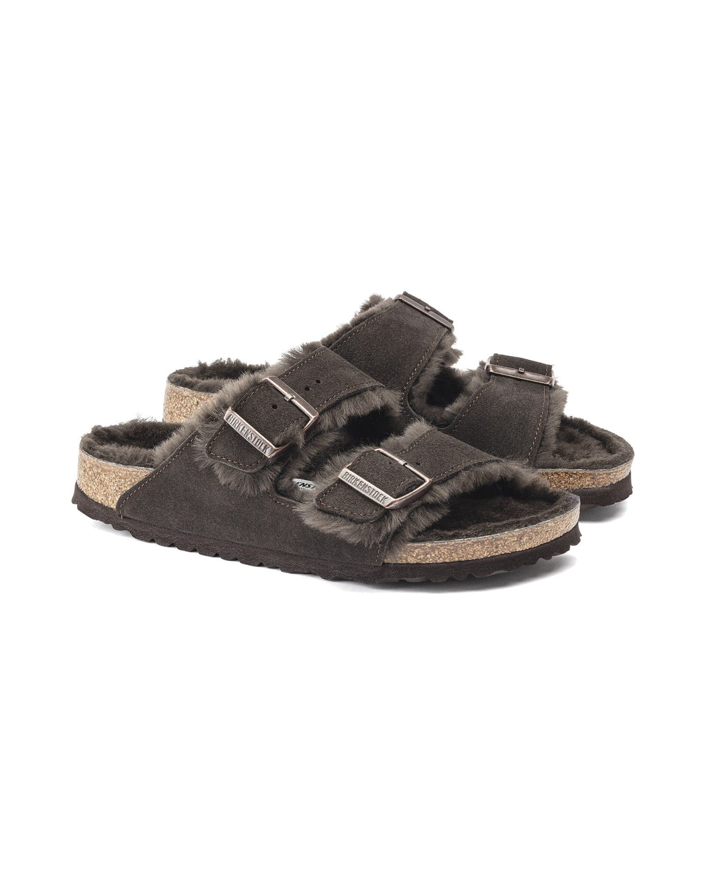 Ciabatta foderata Birkenstock Arizona Shearling in pelle scamosciata, colore Moka, coppia