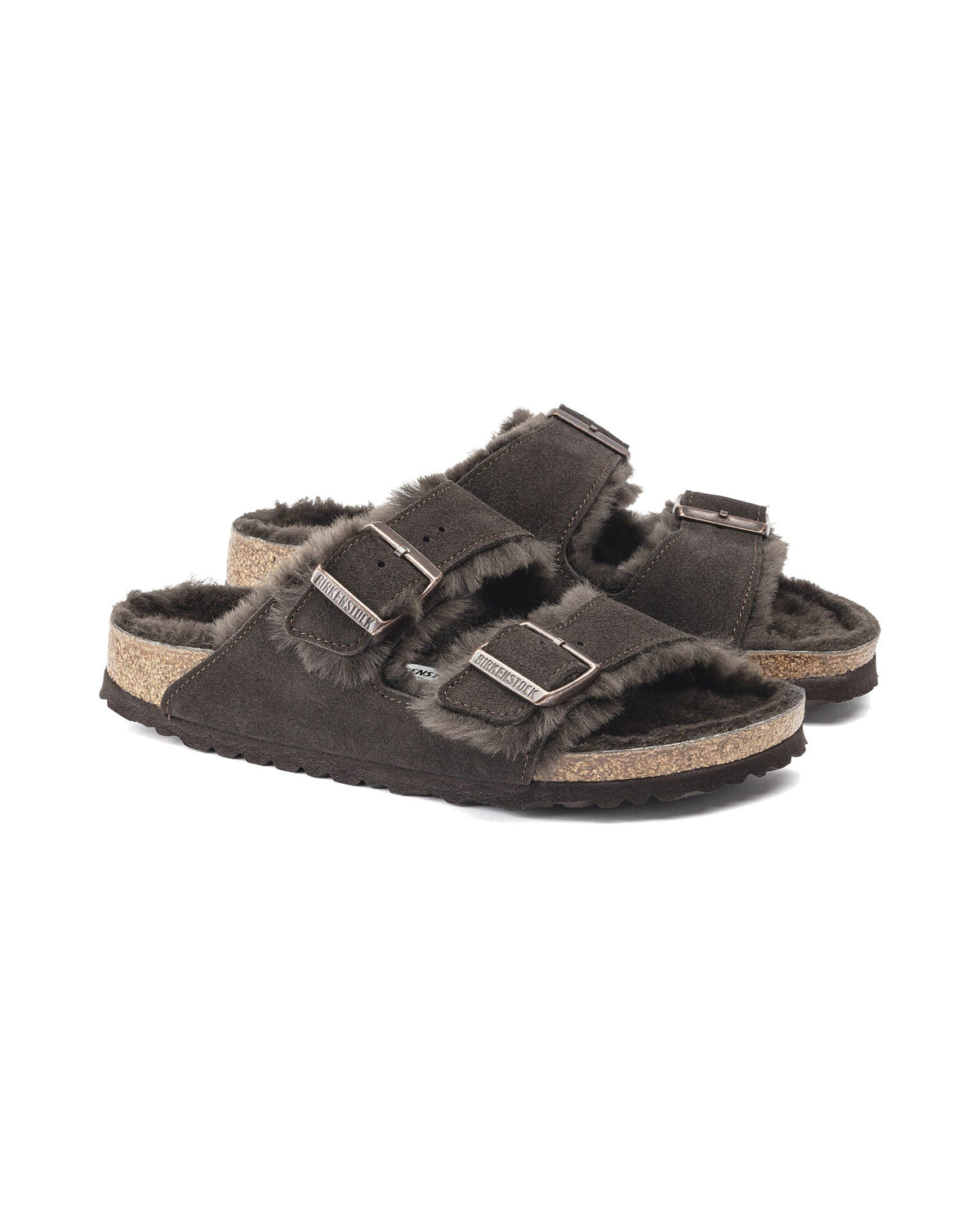 Ciabatta foderata Birkenstock Arizona Shearling in pelle scamosciata, colore Moka, coppia
