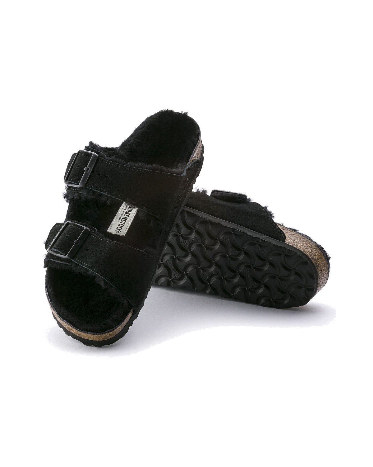 Ciabatta foderata Birkenstock Arizona Shearling in pelle scamosciata, colore Nero, suola