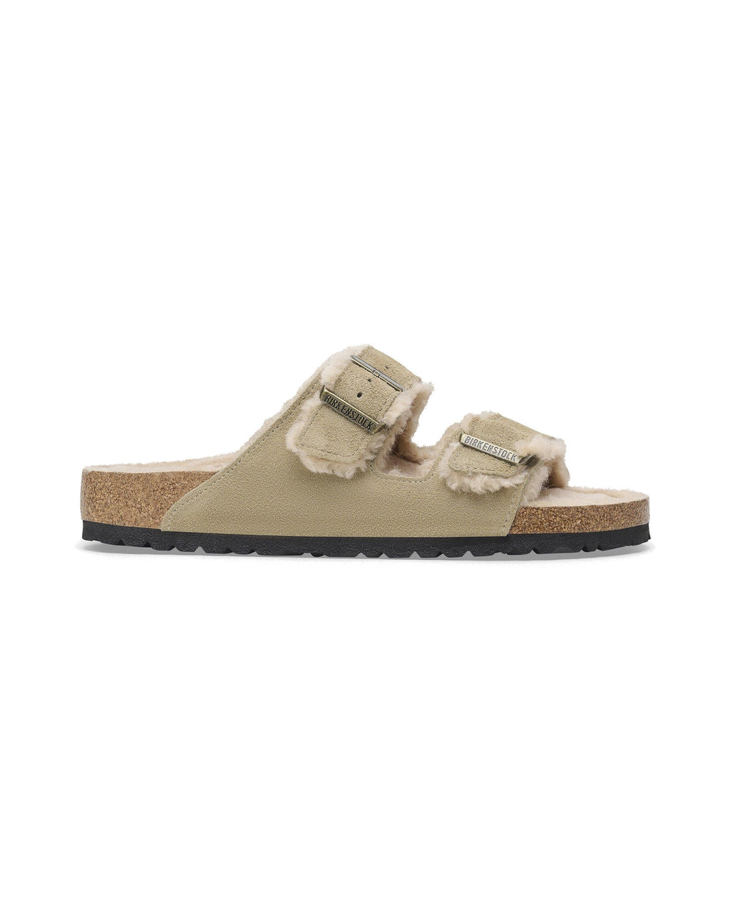 Ciabatta foderata Birkenstock Arizona Shearling in pelle scamosciata, colore Tortora, vista laterale