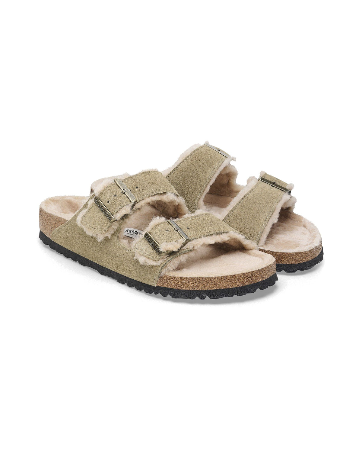 Ciabatta foderata Birkenstock Arizona Shearling in pelle scamosciata, colore Tortora, coppia