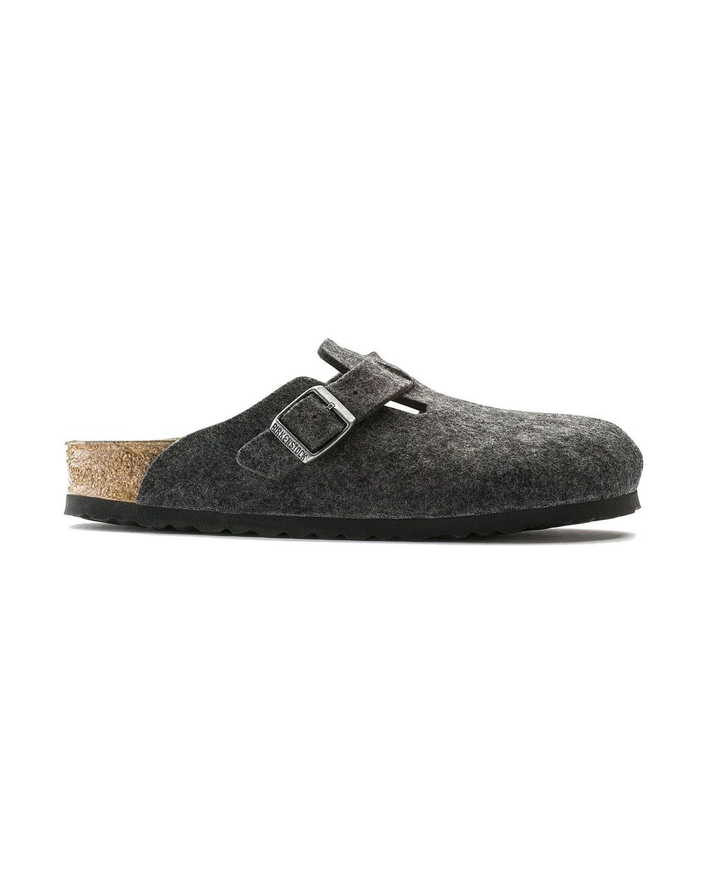 Zoccolo in feltro di lana Birkenstock Boston Wool, colore Antracite, vista laterale
