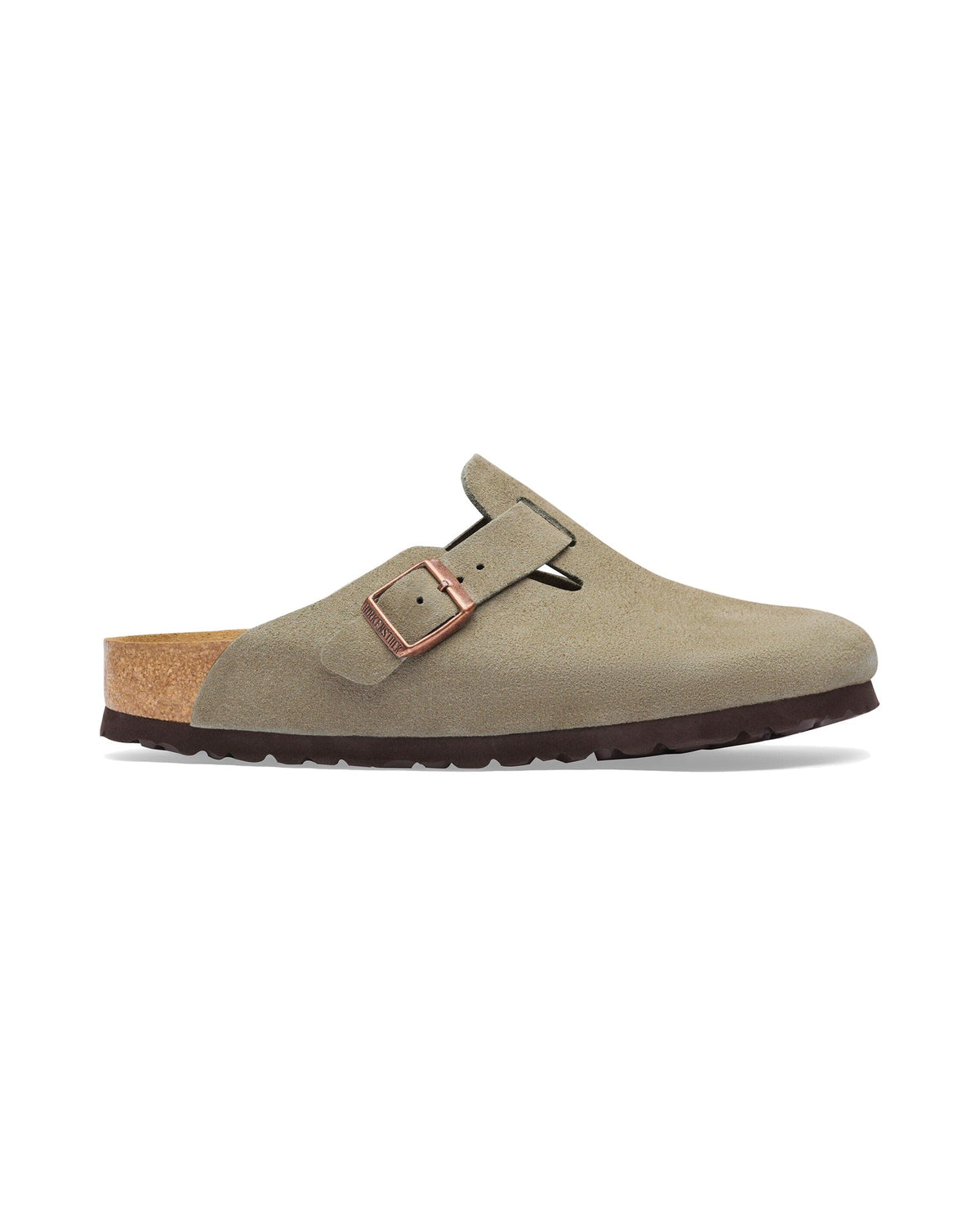Zoccolo Birkenstock Boston Soft Footbed in pelle scamosciata, colore Tortora, vista laterale