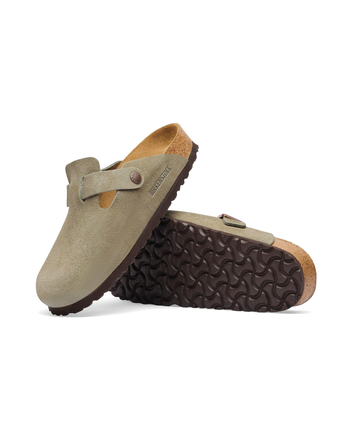 Zoccolo Birkenstock Boston Soft Footbed in pelle scamosciata, colore Tortora, suola