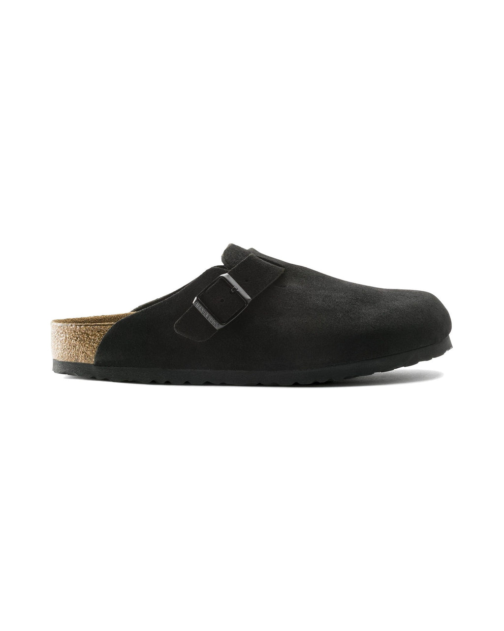 Zoccolo Birkenstock Boston Soft Footbed in pelle scamosciata, colore Nero, vista laterale