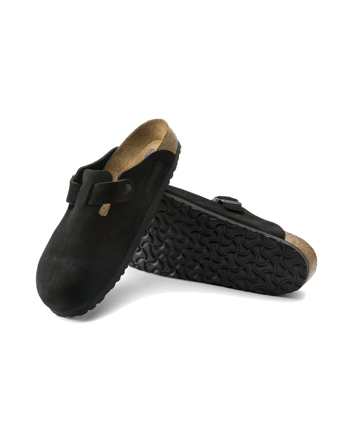 Zoccolo Birkenstock Boston Soft Footbed in pelle scamosciata, colore Nero, suola