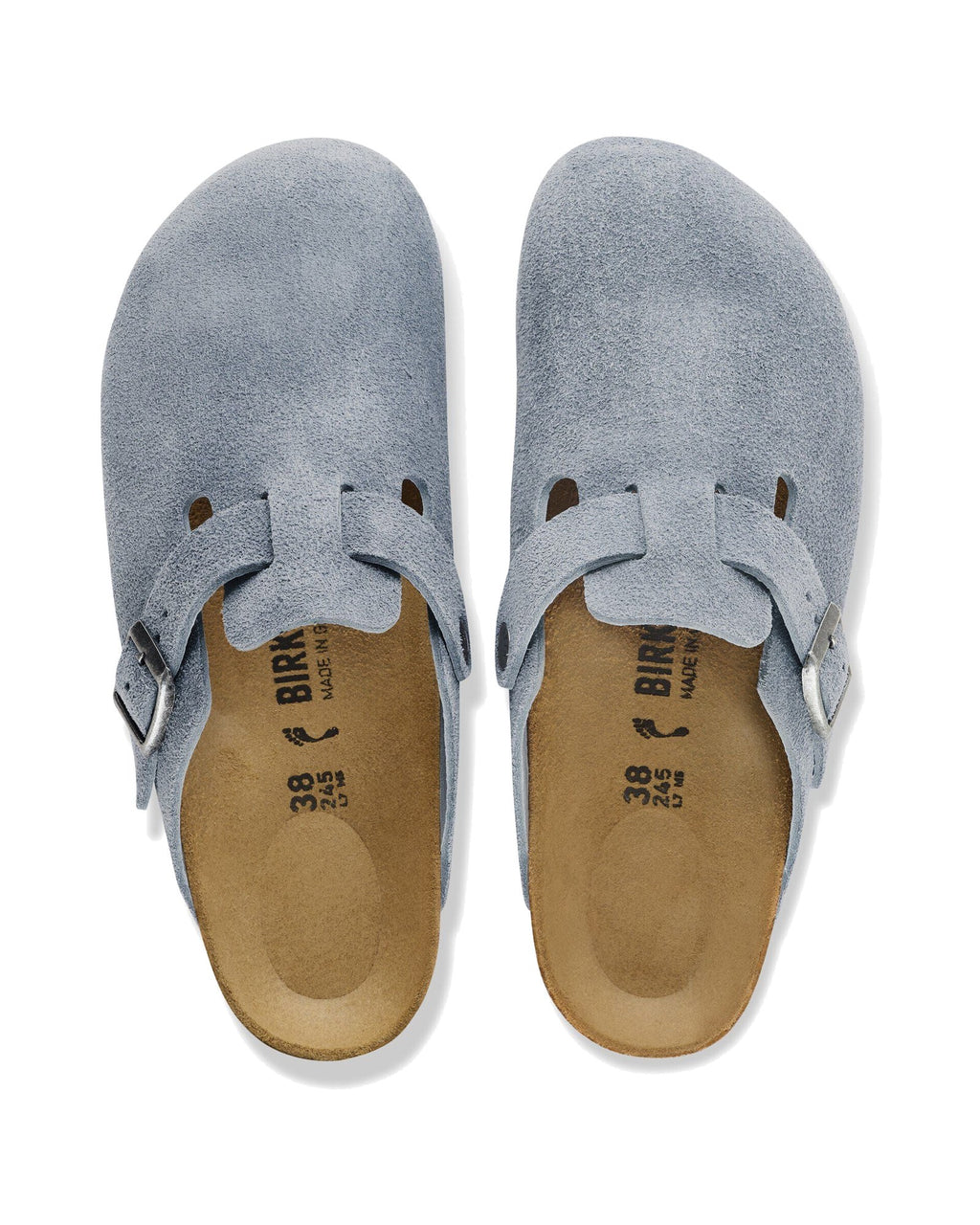Zoccolo Birkenstock Boston Suede in pelle scamosciata, colore Stone Blue, vista dall'alto