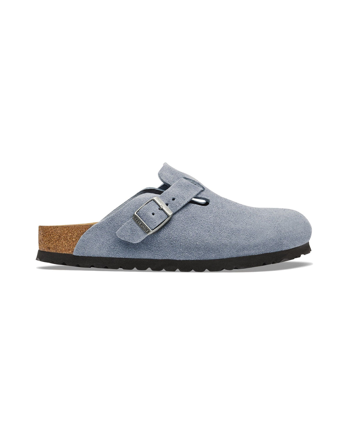 Zoccolo Birkenstock Boston Suede in pelle scamosciata, colore Stone Blue, vista laterale