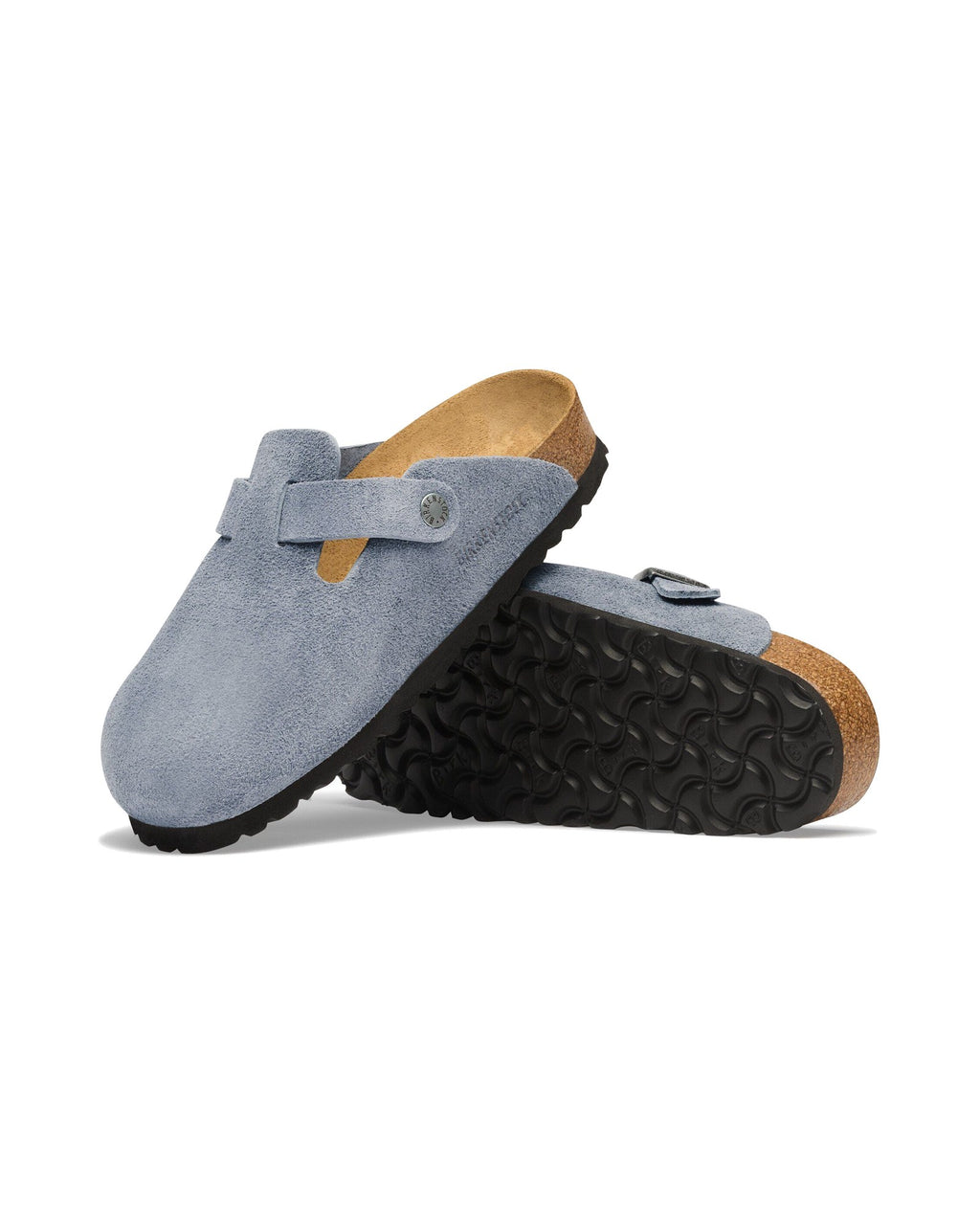 Zoccolo Birkenstock Boston Suede in pelle scamosciata, colore Stone Blue, suola