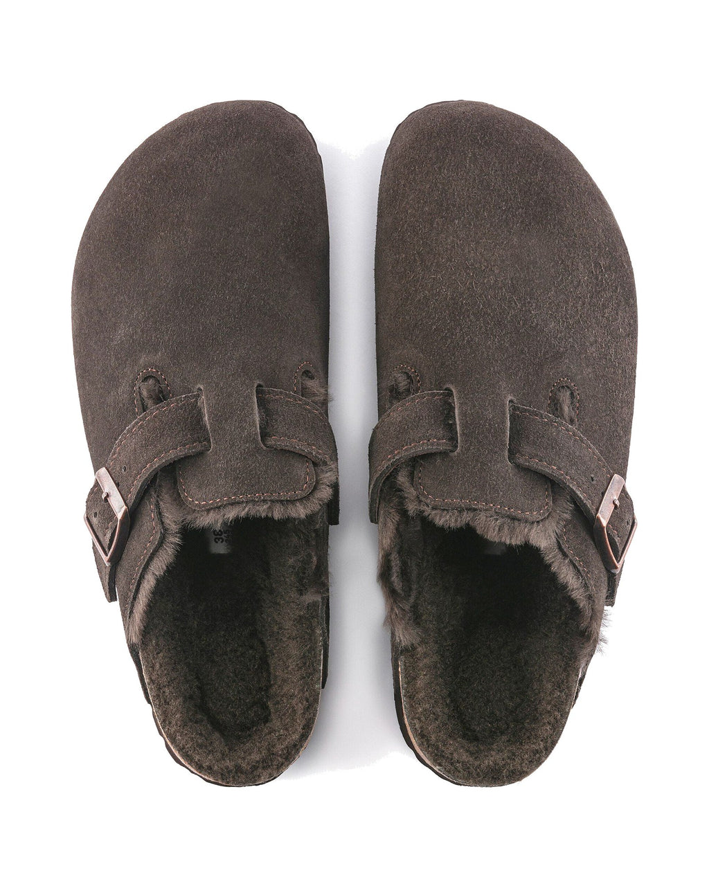 Zoccolo foderato Birkenstock Boston Shearling in pelle scamosciata, colore Mocca, vista dall'alto