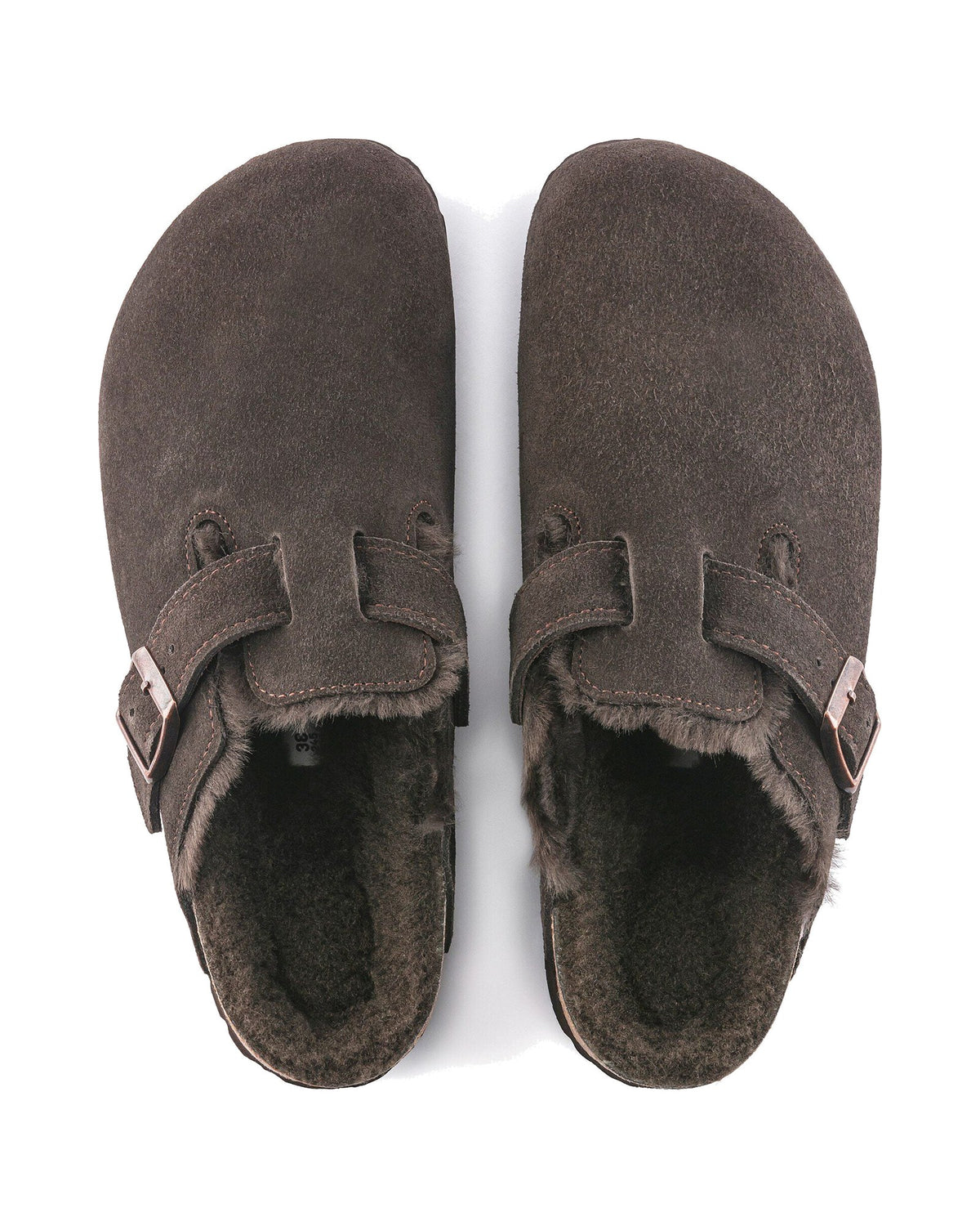 Zoccolo foderato Birkenstock Boston Shearling in pelle scamosciata, colore Mocca, vista dall'alto