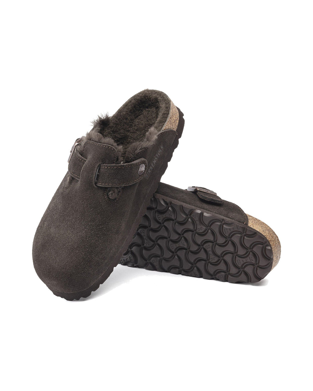 Zoccolo foderato Birkenstock Boston Shearling in pelle scamosciata, colore Mocca, suola