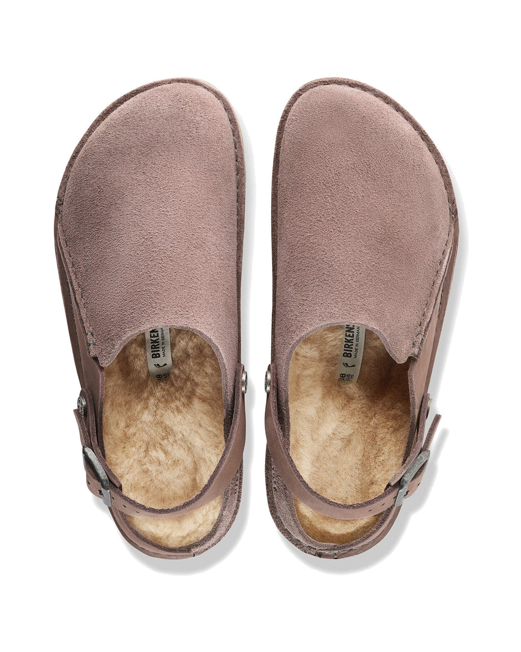 Pantofola in scamosciato e nabuk Birkenstock Lutry Premium Shearling, colore Faded Purple, vista dall'alto