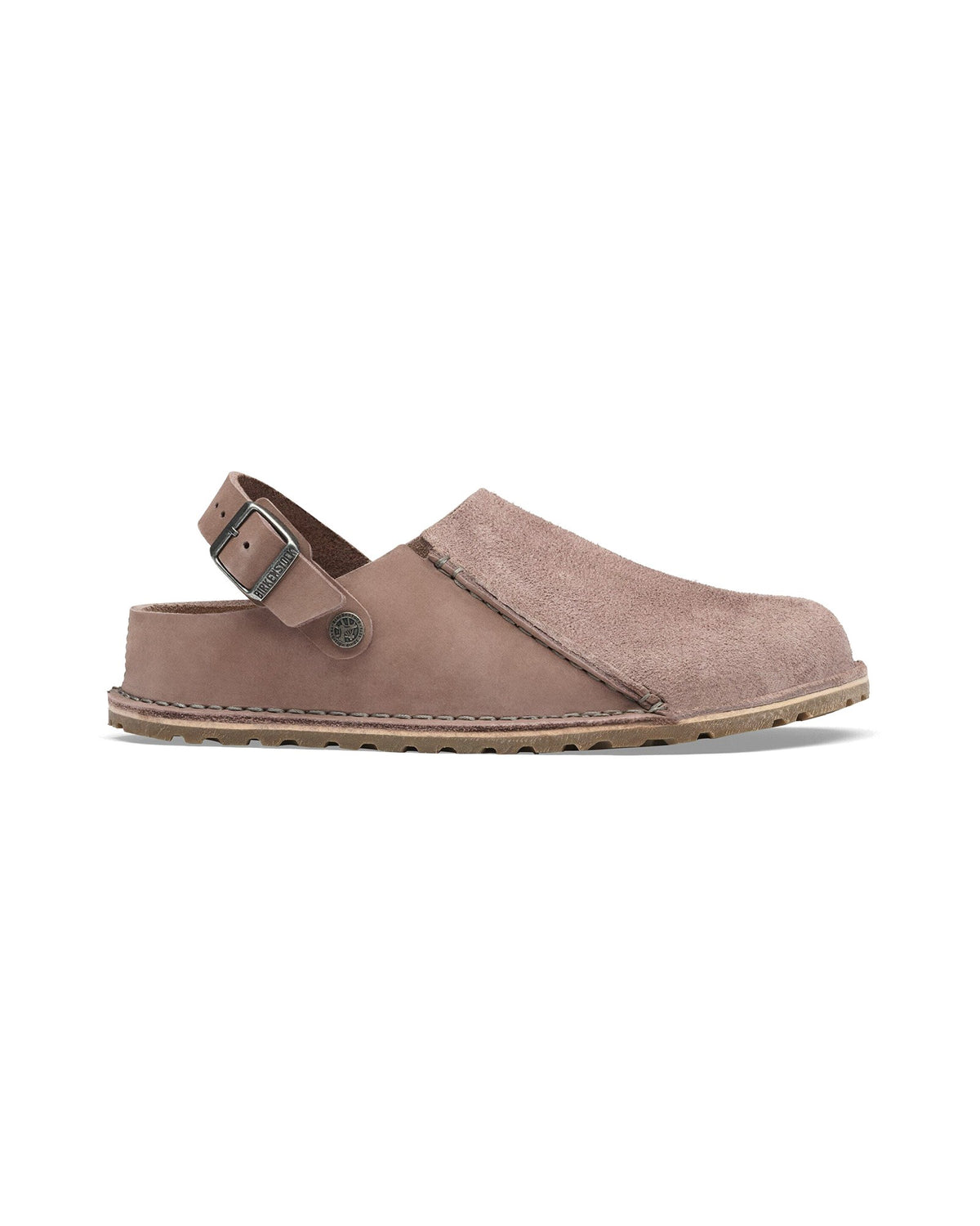 Pantofola in scamosciato e nabuk Birkenstock Lutry Premium Shearling, colore Faded Purple, vista laterale