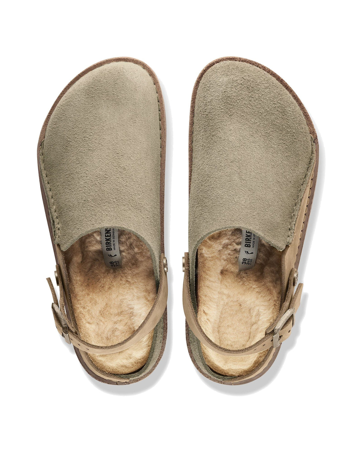 Pantofola in scamosciato e nabuk Birkenstock Lutry Premium Shearling, colore Tortora, vista dall'alto