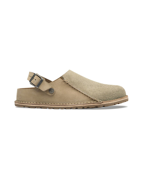 Pantofola in scamosciato e nabuk Birkenstock Lutry Premium Shearling, colore Tortora, vista laterale