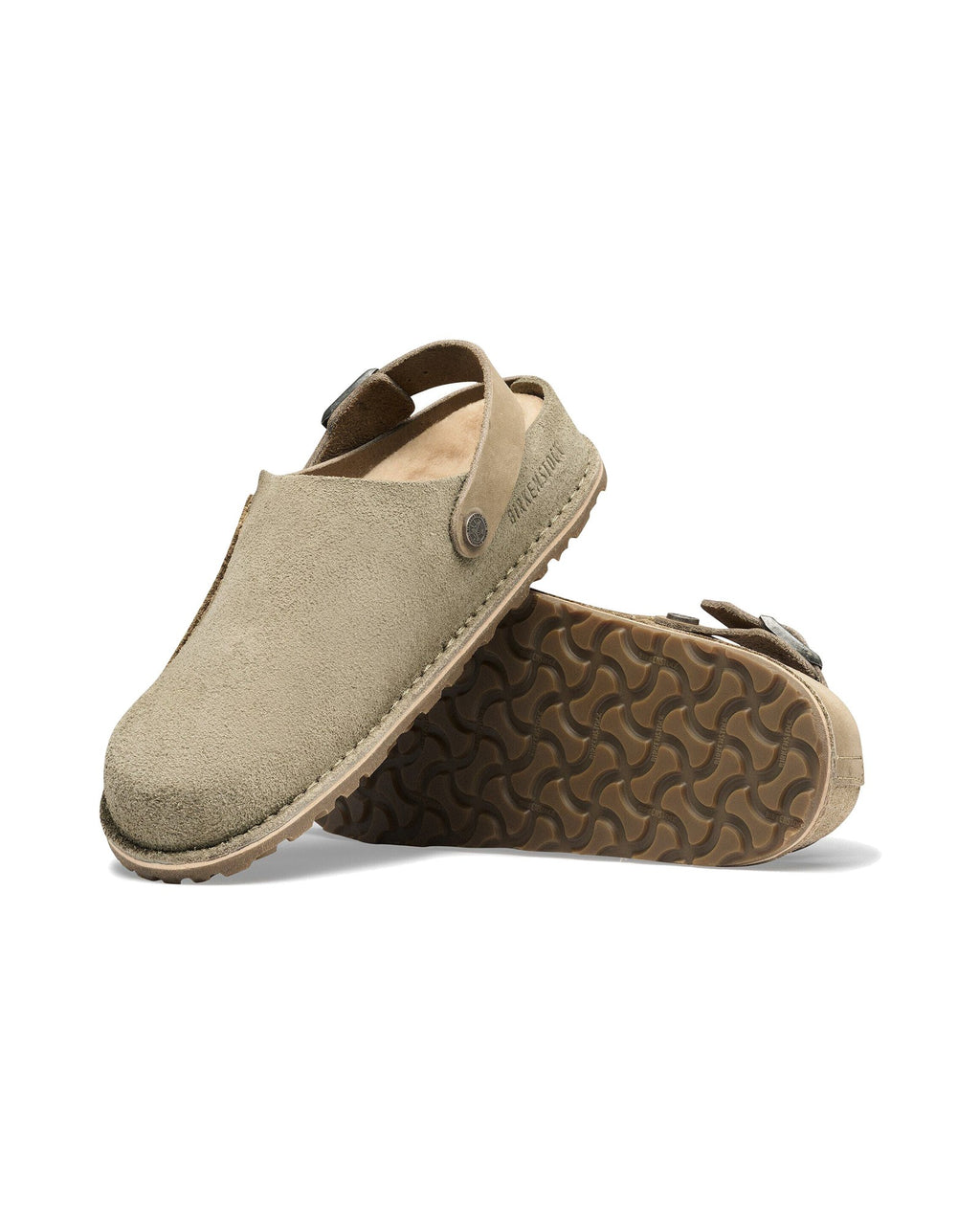 Pantofola in scamosciato e nabuk Birkenstock Lutry Premium Shearling, colore Tortora, suola