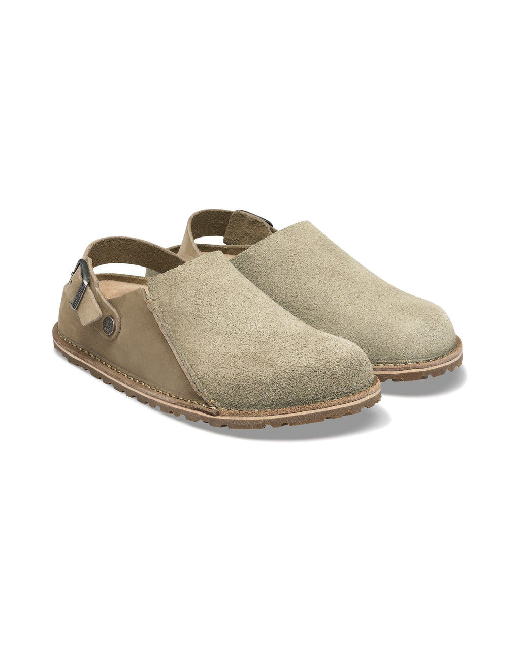 Pantofola in scamosciato e nabuk Birkenstock Lutry Premium Shearling, colore Tortora, coppia