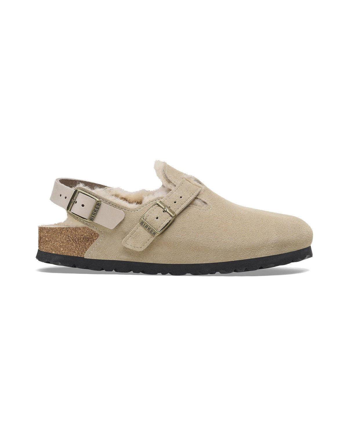Zoccolo Birkenstock Tokio Shearling con cinturino al tallone, colore Tortora, vista laterale