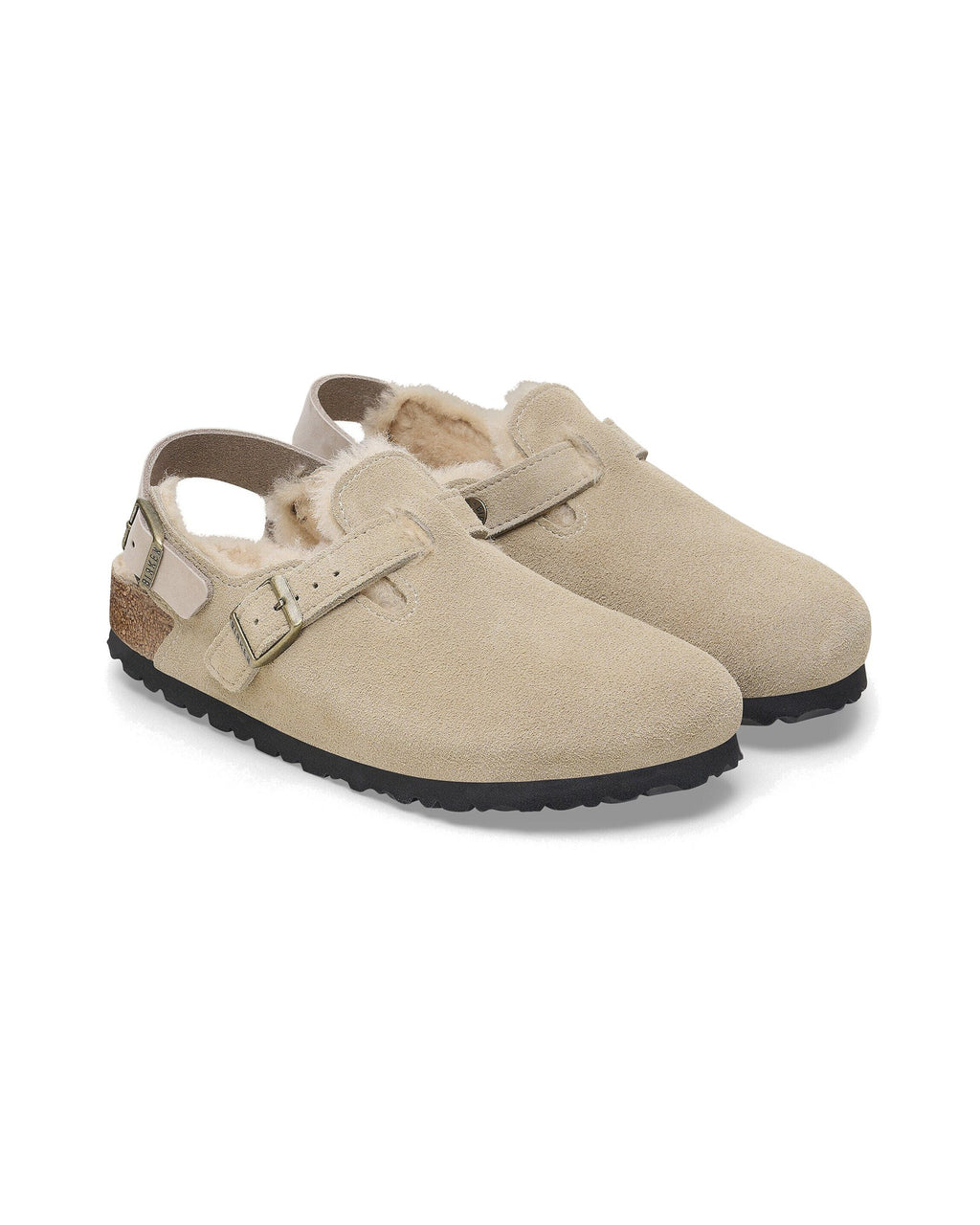 Zoccolo Birkenstock Tokio Shearling con cinturino al tallone, colore Tortora, coppia