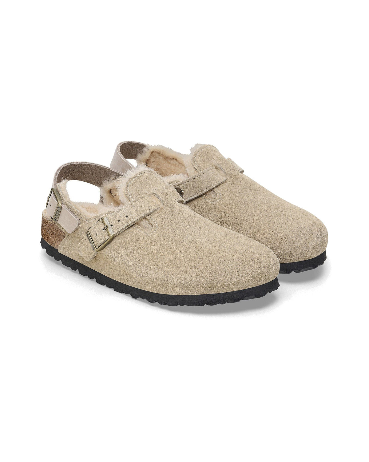 Zoccolo Birkenstock Tokio Shearling con cinturino al tallone, colore Tortora, coppia