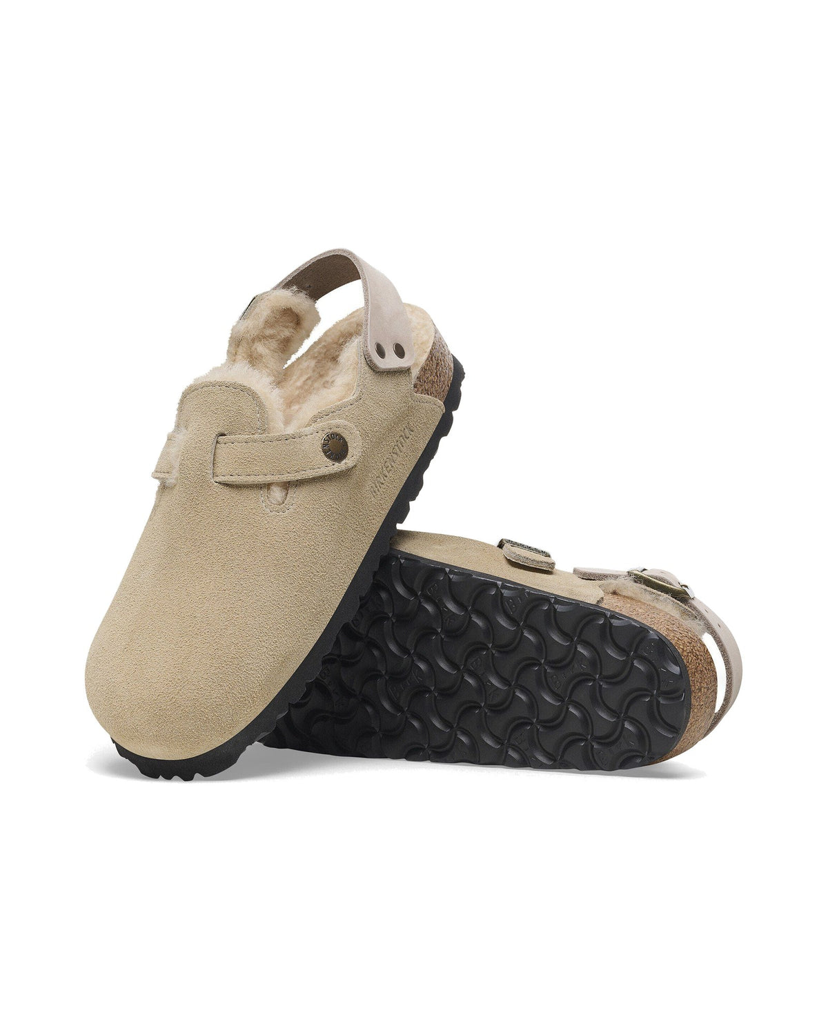 Zoccolo Birkenstock Tokio Shearling con cinturino al tallone, colore Tortora, suola
