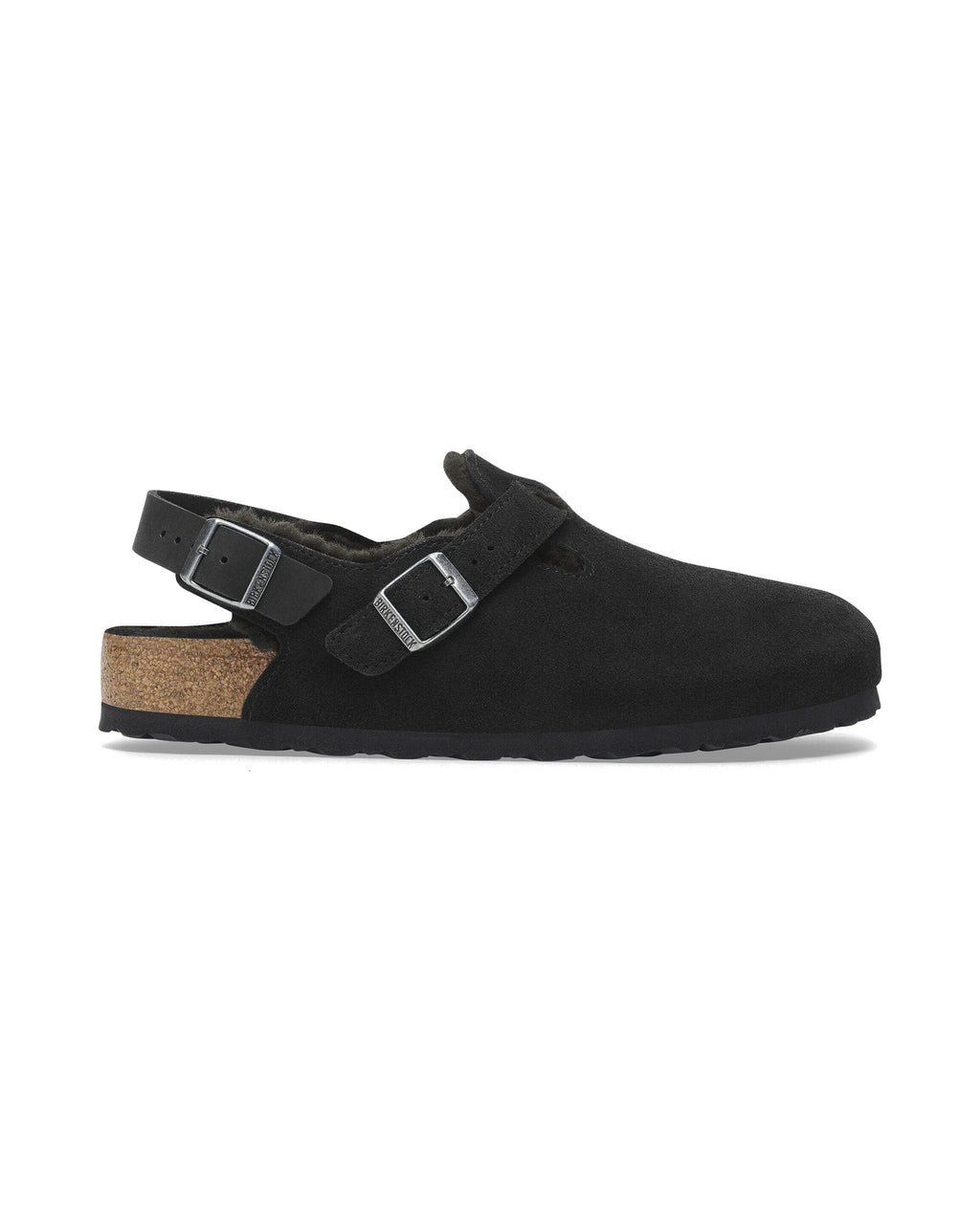 Zoccolo Birkenstock Tokio Shearling con cinturino al tallone, colore Nero, vista laterale
