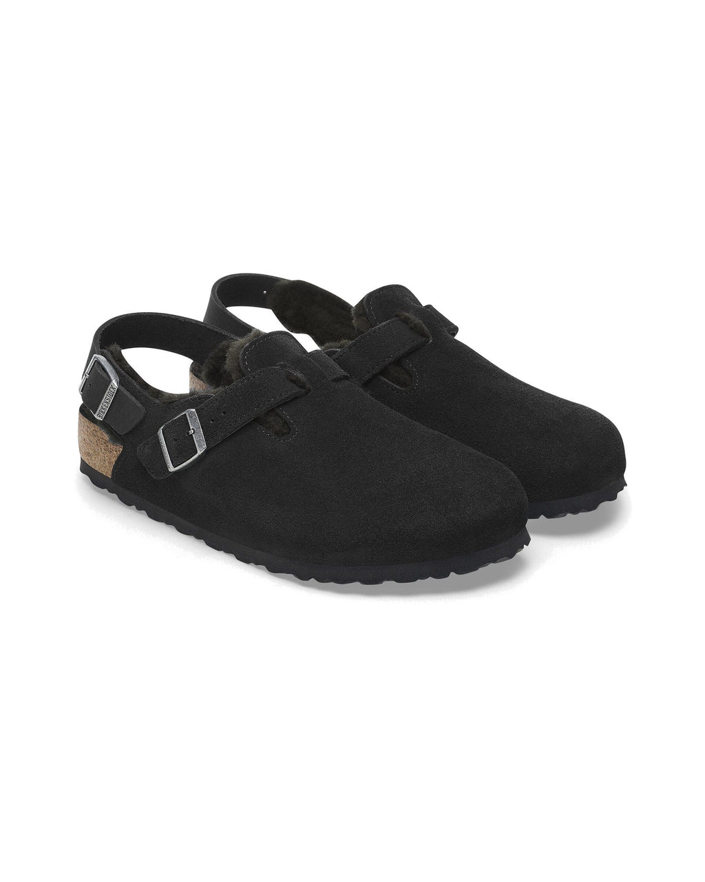 Zoccolo Birkenstock Tokio Shearling con cinturino al tallone, colore Nero, coppia